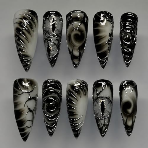 Halloween Black Press On Nails Long Stiletto A59 - Gothic Swirl Abstract Fake Nails Set