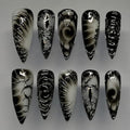 Halloween Black Press On Nails Long Stiletto A59 - Gothic Swirl Abstract Fake Nails Set