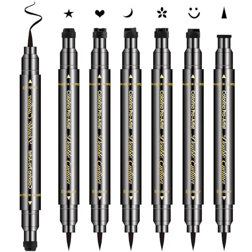 Erinde 6PCS Double-Headed Eyeliner Stamp Pen Set - Black, Winged & Decorative Shapes