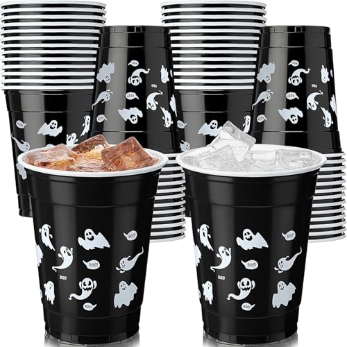 Ghost Halloween Party Plastic Cups 12 oz - Black, 50 Pack