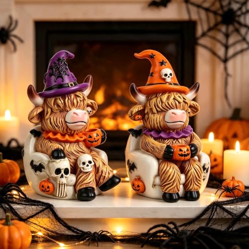 Halloween Highland Cow Decorations 2-Piece Set - Collectible Figurines with Hand-Painted Details (Variation: Halloween Highland Cows)