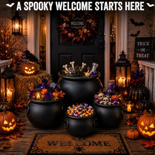Black 4-Piece Halloween Witch Cauldron Bucket Set - 12, 10, 8 & 6 Inch Sizes