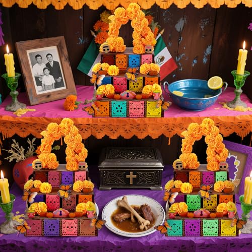 Dia de Los Muertos Ofrenda Wooden Box Set - 102 Pcs with Marigold Garland & Butterflies - Fresh Variation