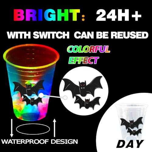 40 Pcs Glow in The Dark Halloween Party Cups - Pumpkin Bat Ghost Theme, 16oz Plastic Drinkware with LEDs & Stickers - Mishunyus