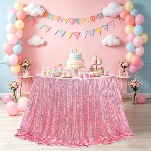 Fuchsia Pink Round Sequin Tablecloth - 120 Inch Glitter Party Cover with Variation