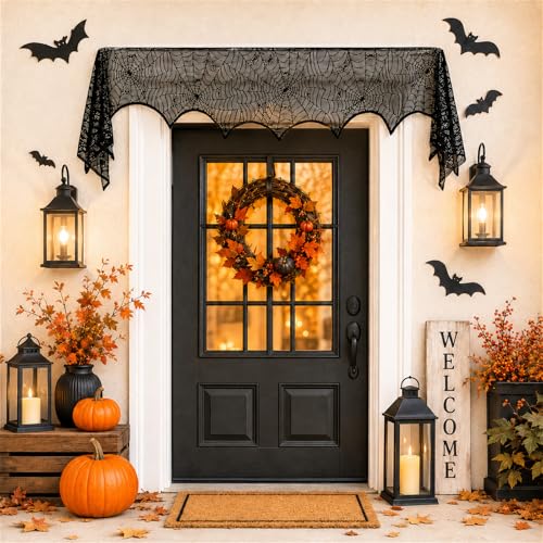 Halloween Fireplace Mantel Scarf - Black Lace Spiderweb Decor 18x96 Inches