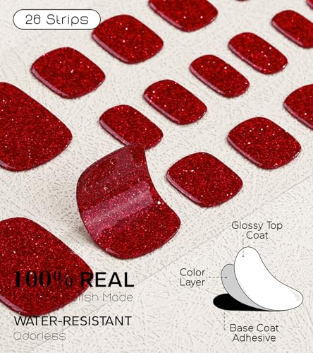 Semi Cured Gel Nail Strips for Toes - Onyx Red, 26 Pack, Salon Quality & Long Lasting