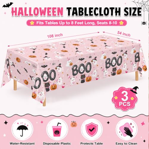 Halloween Pink Tablecloth Set - 3 Pack Spooky Ghost Pumpkin Black Cat Decorations