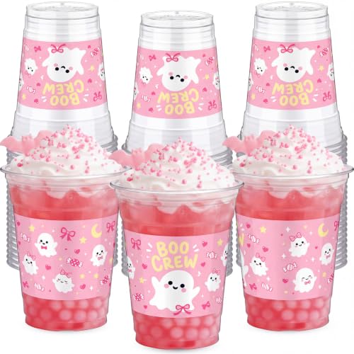 Halloween Ghost Plastic Cups 12oz Pack of 50 - Pink Ghost Design