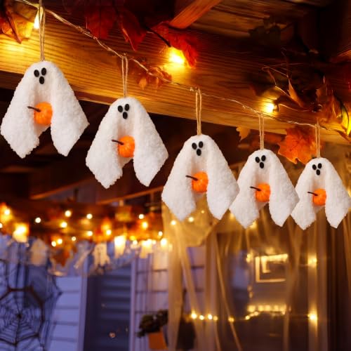 Halloween Ghost Ornaments Set - 12 Soft Sherpa Hanging Decorations for Trees & Home