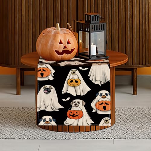 Halloween Ghost Dog Table Runner 13x48 Inch - Spooky Jack O Lantern Decor Variation