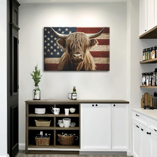 Highland Cow Wall Art American Flag Barn Decor Canvas Print - 18 x 12 Inches - Farmhouse Rustic Artwork for Living Room Bedroom Kitchen