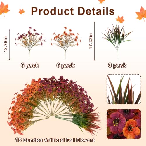 Artificial Fall Flowers Set - UV Resistant Outdoor Decor, Orange Red