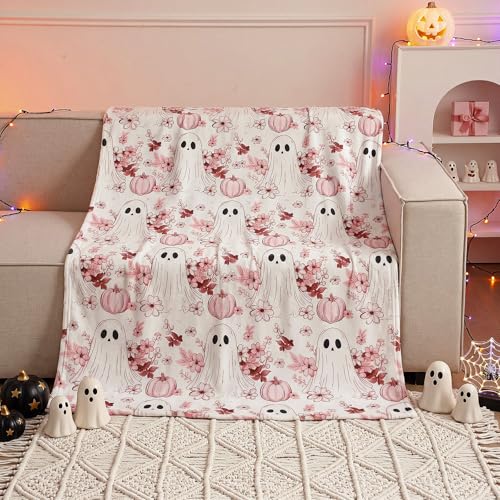 Pink Pumpkin Ghost Fall Throw Blanket - Halloween Soft Flannel 50x60 inches - Spooky Pumpkin Variation