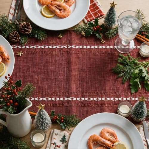 Red Embroidered Farmhouse Table Runner 13x36 Inch - Rustic Holiday Decor