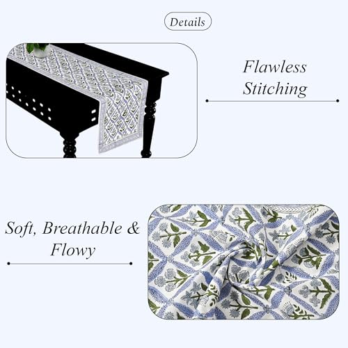 Light Steel Blue Hand Block Print Cotton Table Runner 16x70 Inches - Traditional Craftsmanship
