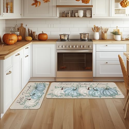 Hello Pumpkin Fall Kitchen Mats Set of 2 - 17x29 & 17x47 Inches, Blue