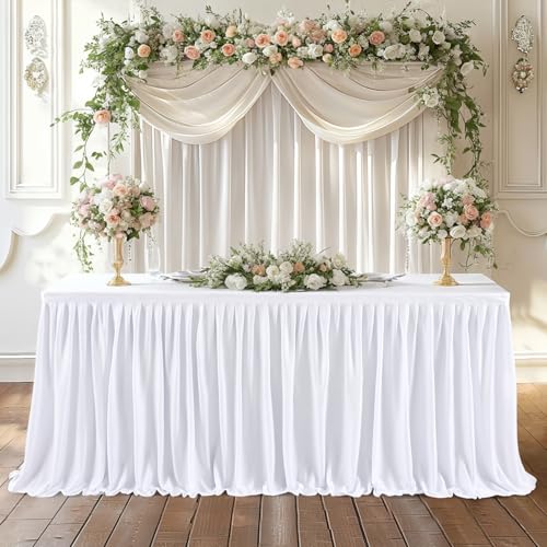 White 17ft Pleated Table Skirt for Rectangular Tables - Wedding Party Decor