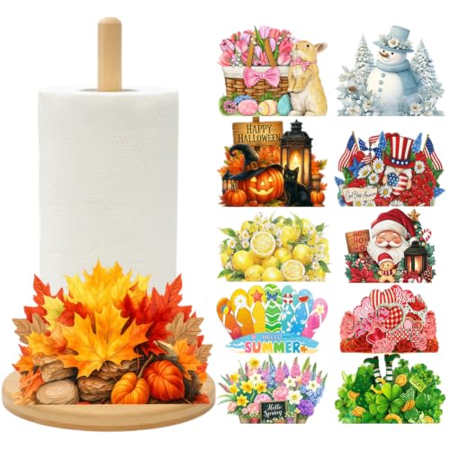 Rustic Bamboo Paper Towel Holder with 11 Seasonal Holiday Signs - Kitchen Decor