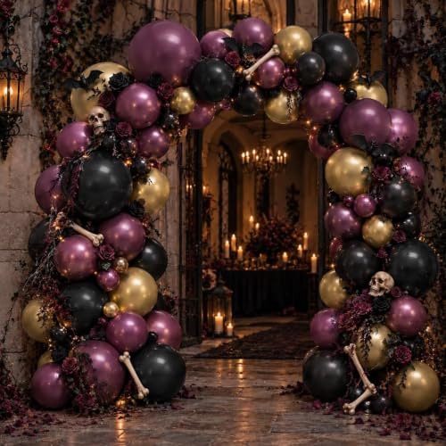 Double Stuffed Halloween Balloon Arch - Dark Purple Black & Gold Variation