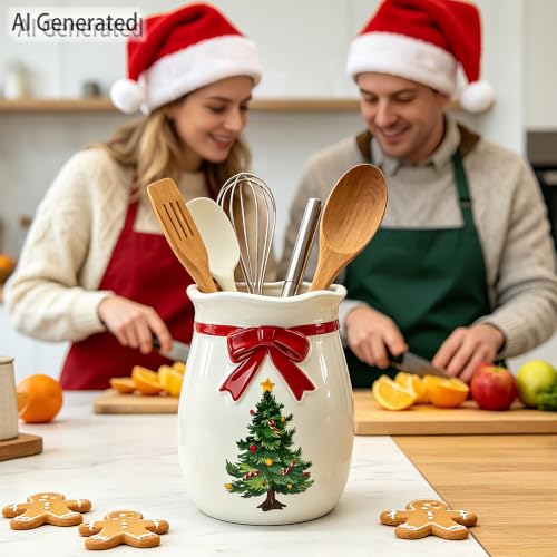 Christmas Tree-Shaped Ceramic Utensil Holder - Holiday Kitchen Decor