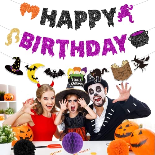 Halloween Birthday Banner Decorations Witches Glitter Black - 3 Pack