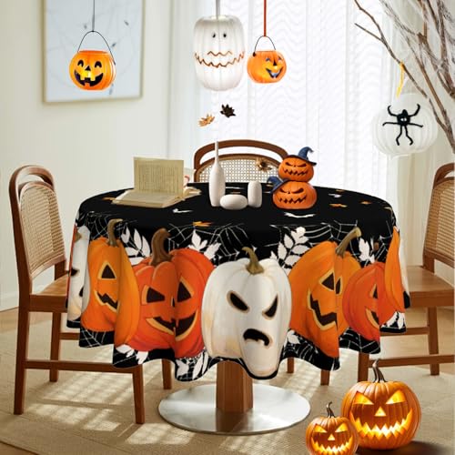 Halloween Round Tablecloth 60x60 Inch Pumpkin Ghost Holiday Decor - Black