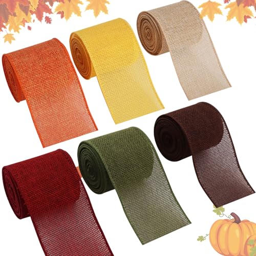Fall Burlap Wired Ribbon Set - 6 Rolls, 2.5 Inch Wide, Autumn Colors, Gift & Wreath Decor