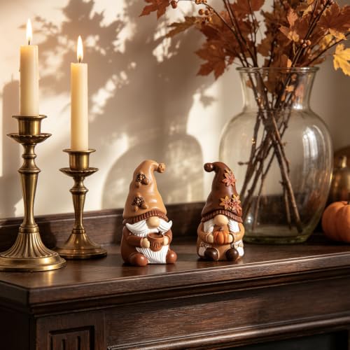 Fall Gnomes Set of 2 Resin Decorations - Brown & White Autumn Table Centerpieces