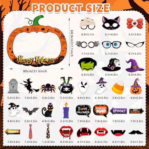 Halloween Photo Booth Props Set - 34 Pcs Spooky Party Accessories with Wooden Sticks - Halloween