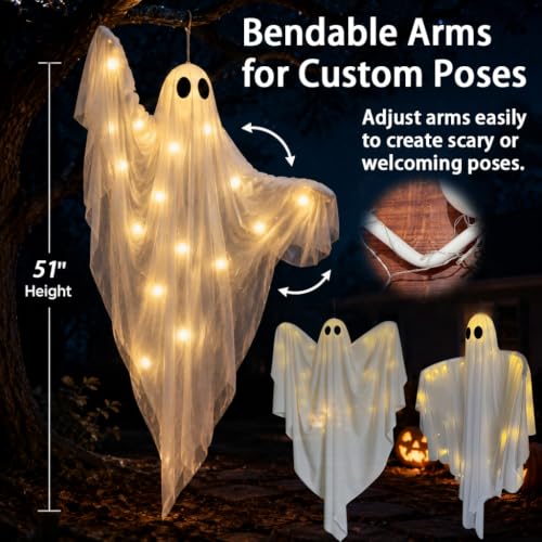 Halloween Hanging Ghost Decorations 2-Pack, 51-Inch Lighted Spooky Ghosts