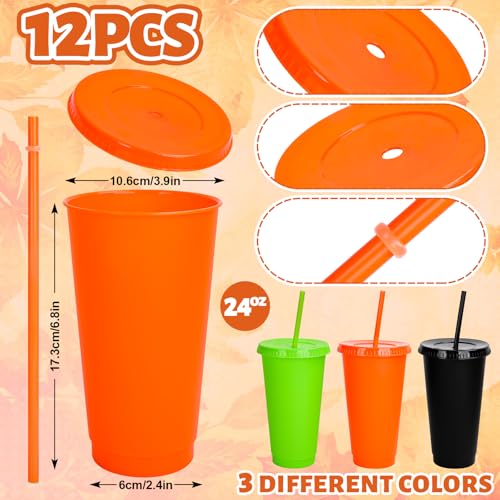 Halloween Plastic Cups Set with Lids and Straws - 24 Oz Reusable Drinkware - Black, Orange, Green - 12 Pack