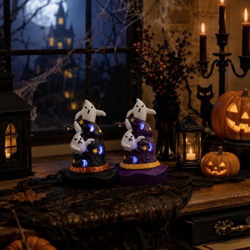 Halloween Resin Witch Hat Decor Set with Color-Changing LED Lights - 2 Pieces