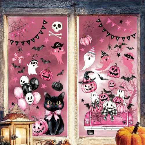 Halloween Window Clings - 73PCS Pink Ghost Pumpkin Bat Reusable Stickers - Halloween-C