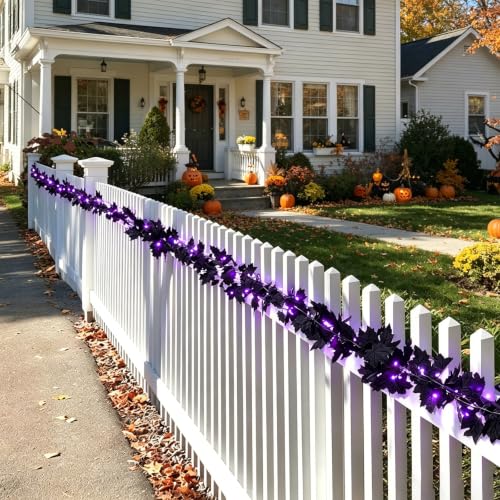 Halloween Decor Black Maple Leaf Garland with Purple LED String Lights - 6.5Ft, Battery Operated, Spooky Home Accent