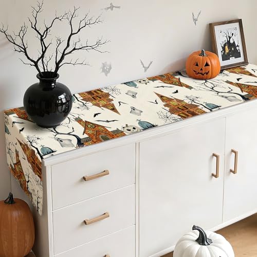 Artscope Halloween Table Runner - Orange Spooky Haunted House Tree Design, 13x36 Inches - Fall Home Decor