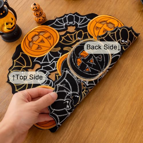 Halloween Placemats Set of 4 - Bats & Pumpkins Embroidered Table Mats, 14 Inch Round