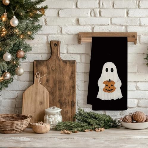 Dark Academia Ghost Pumpkin Kitchen Towels - Black Halloween Dish Hand Towel