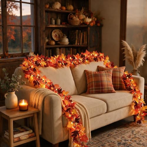 9Ft 2-Pack Battery-Operated Maple Leaf Garland with 8 Lighting Modes - Fall Decor