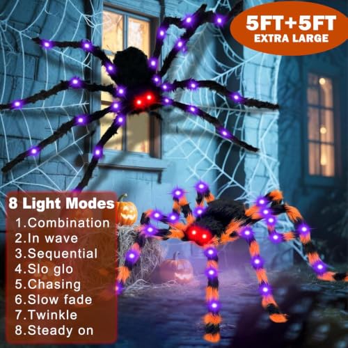 Outdoor Halloween Giant Spider Decorations 2 Pack - Orange and Black Light-Up Spiders with 8 Lighting Modes