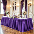 9ft Purple Satin Table Skirt for Rectangle Tables - Wrinkle Resistant Pleated Ruffle for Weddings & Events