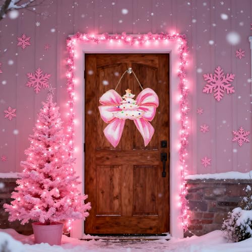 Pink Christmas Door Decoration - Wooden Bow Wreath for Front Door & Wall