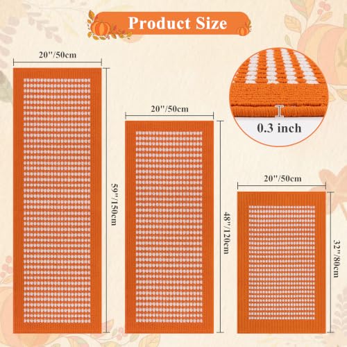 Fall Kitchen Rugs Set of 3 - Checkered Orange Autumn Runner Mats, Washable, Non-Slip