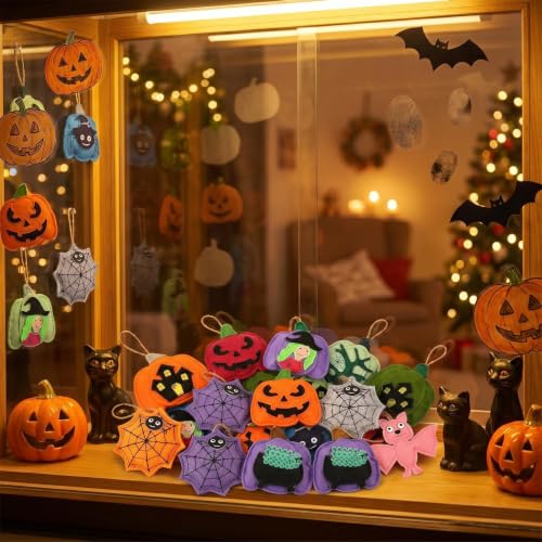 Halloween Felt Ornaments Set - Black, 12 Pcs, 3.15 Inch Gothic Decorations with Ribbons