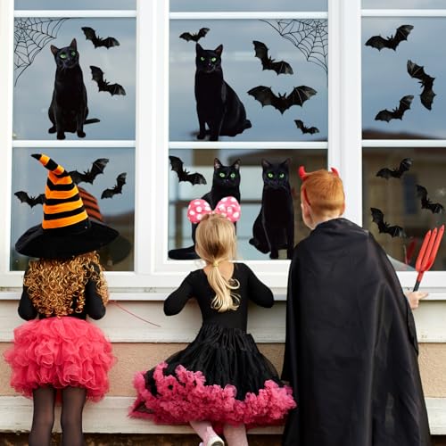 Halloween Window Clings Decor Set - 6 Sheets with Black Cats Bats Spider Webs