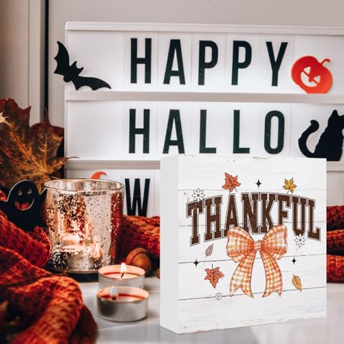 Thanksgiving Fall Decorations Bow Wooden Box Sign for Holiday Home Decor