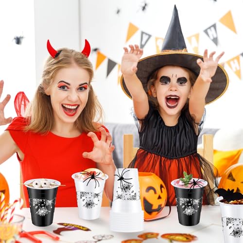 Potchen Halloween Party Disposable Plastic Cups 16oz Black & White Spider Variation of 60 Pcs