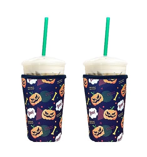Medium Neoprene Iced Coffee Sleeve Cups 2 Pack - Halloween Pumpkin