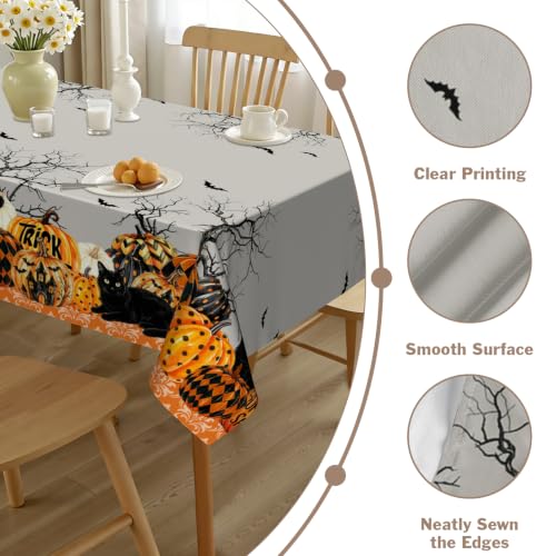 Halloween Tablecloth 60x84 Inch Rectangular Black Cat & Pumpkins Reusable Washable