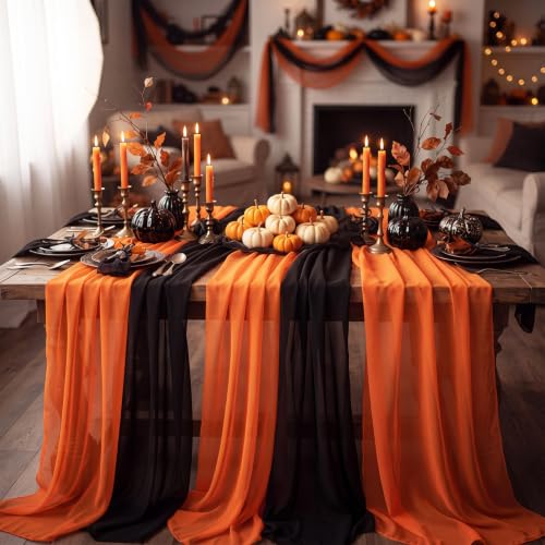 Halloween Table Runner Set - Black Orange Purple Chiffon Party Decor - 6 Pieces